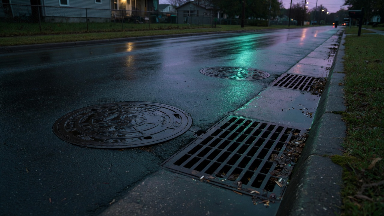 Wet street with manholes and inlets