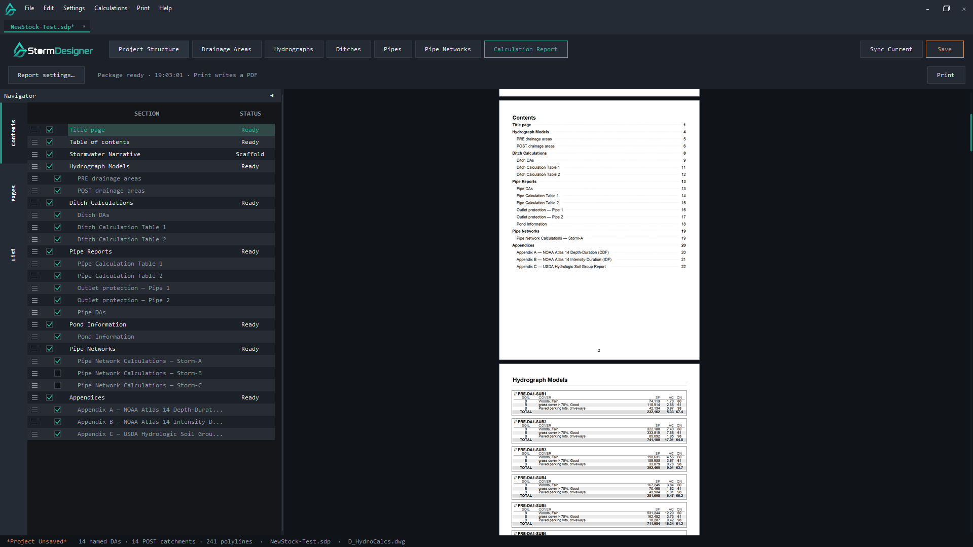 Calculation Report tab in StormDesigner