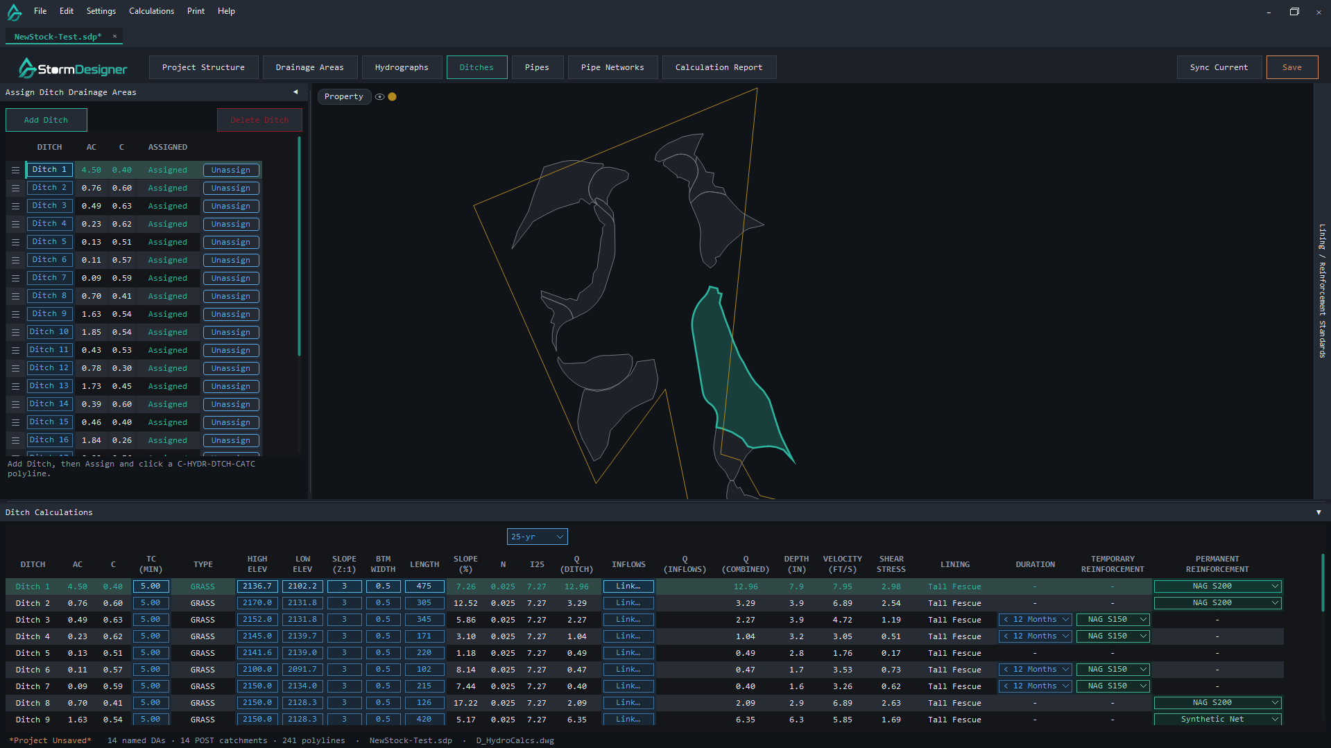 Ditches tab in StormDesigner