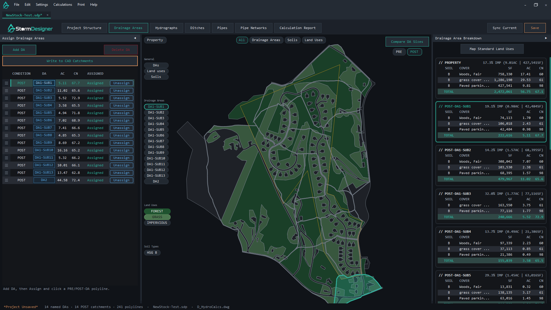 Drainage Areas tab in StormDesigner