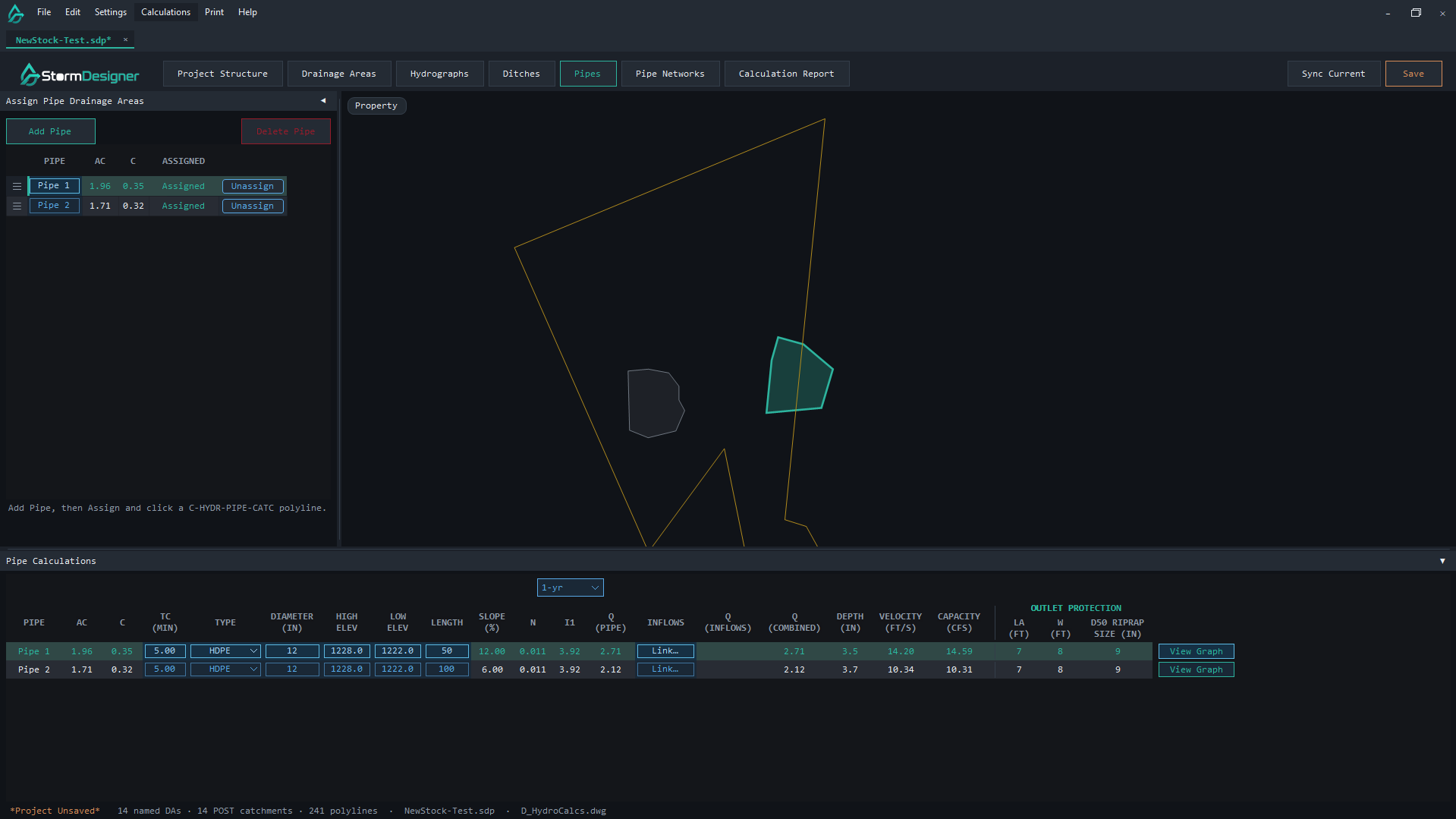 Pipes tab in StormDesigner
